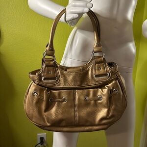 Gold Shoulder Bag with Double Front & Inside Pockets